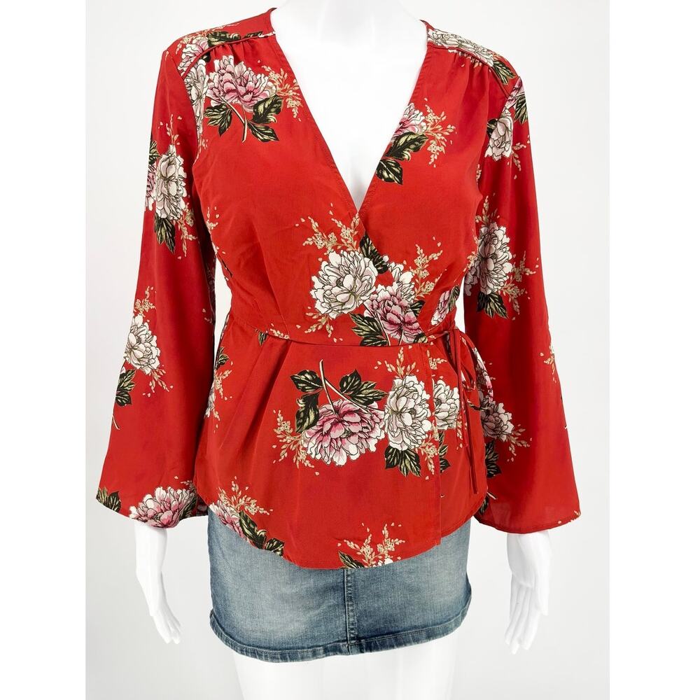 ASTR The Label Orange Floral Tie Waist Kimono Wrap Top Size S